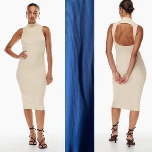 Aritzia Babaton Compose blue ribbed stretchy open back bodycon midi dress